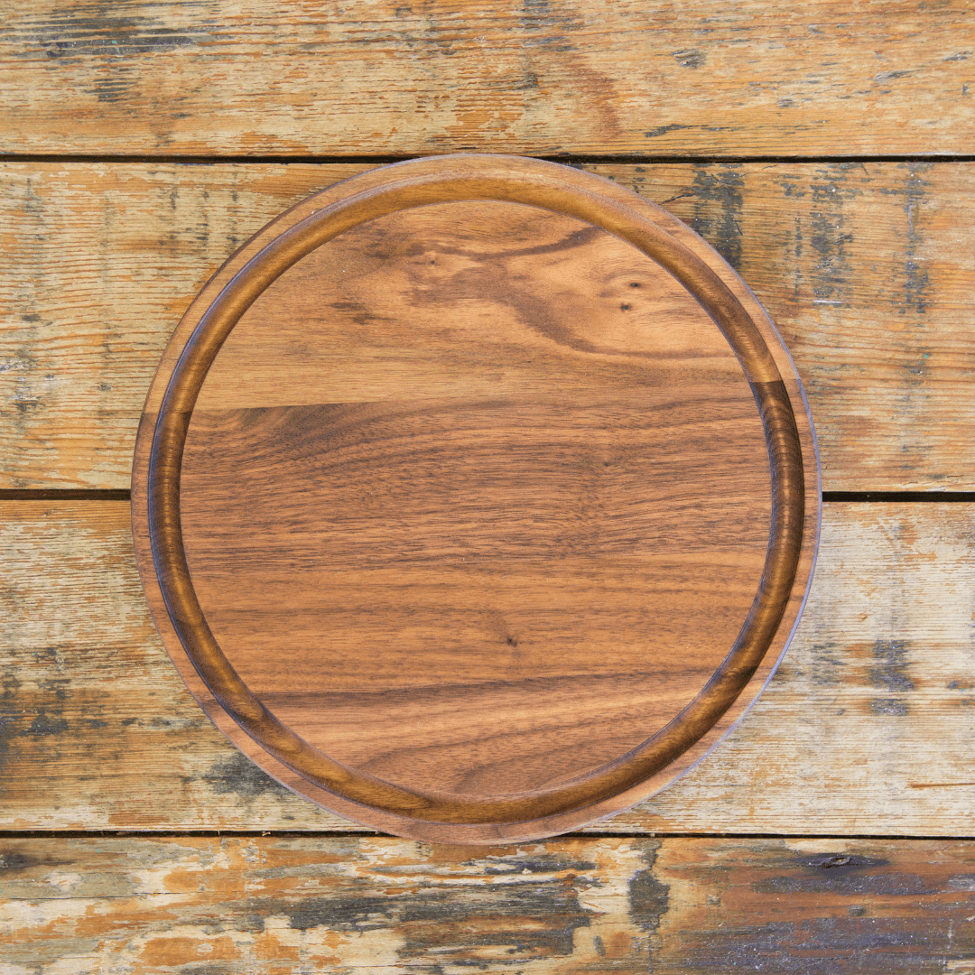 Walnut wood round cutting board, 10 by 10 inches, one of six board choices in the kit