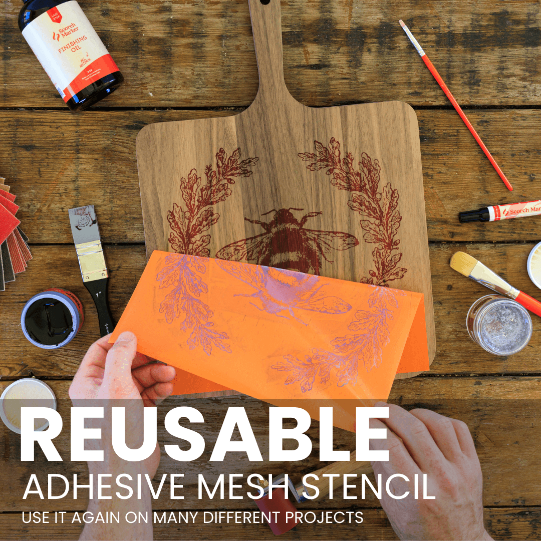 Reusable adhesive mesh stencil included with the Scorch Marker cutting board kit