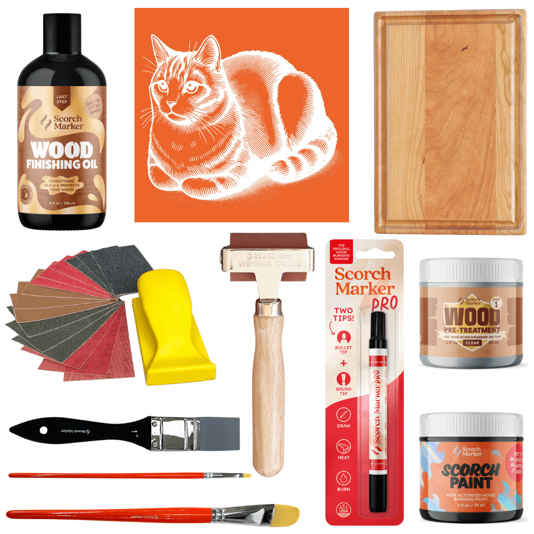 Woman holding a maple rectangular cutting board with a cat in loaf pose wood burned into it
