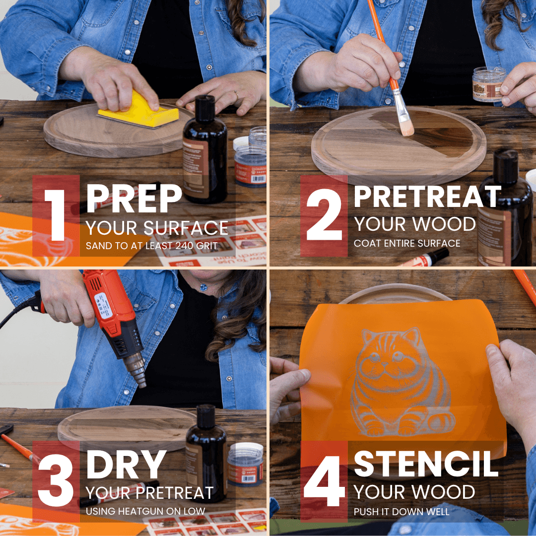 Steps one through four: prep the board, pretreat, dry, and apply the stencil