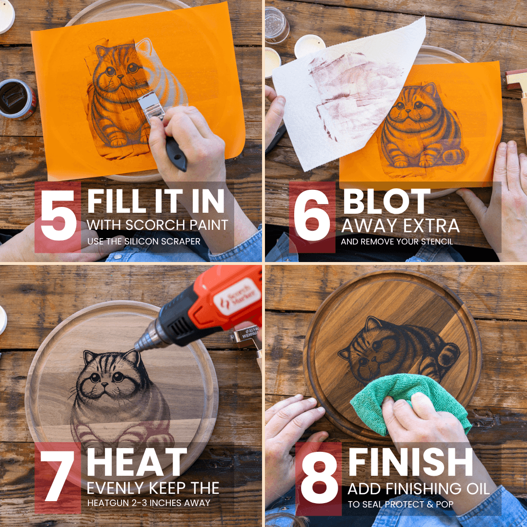 Steps five through eight: fill in with Scorch Paint, blot, heat, and finish