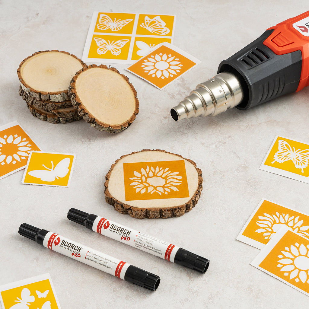 Scorch Marker Advance Bundle Includes 2 SMPROS, 1500W Heat Gun, 10 Wood Rounds, 2 Vinyl Stencil Packs, Sanding Kit & Wood Finish - Give Your